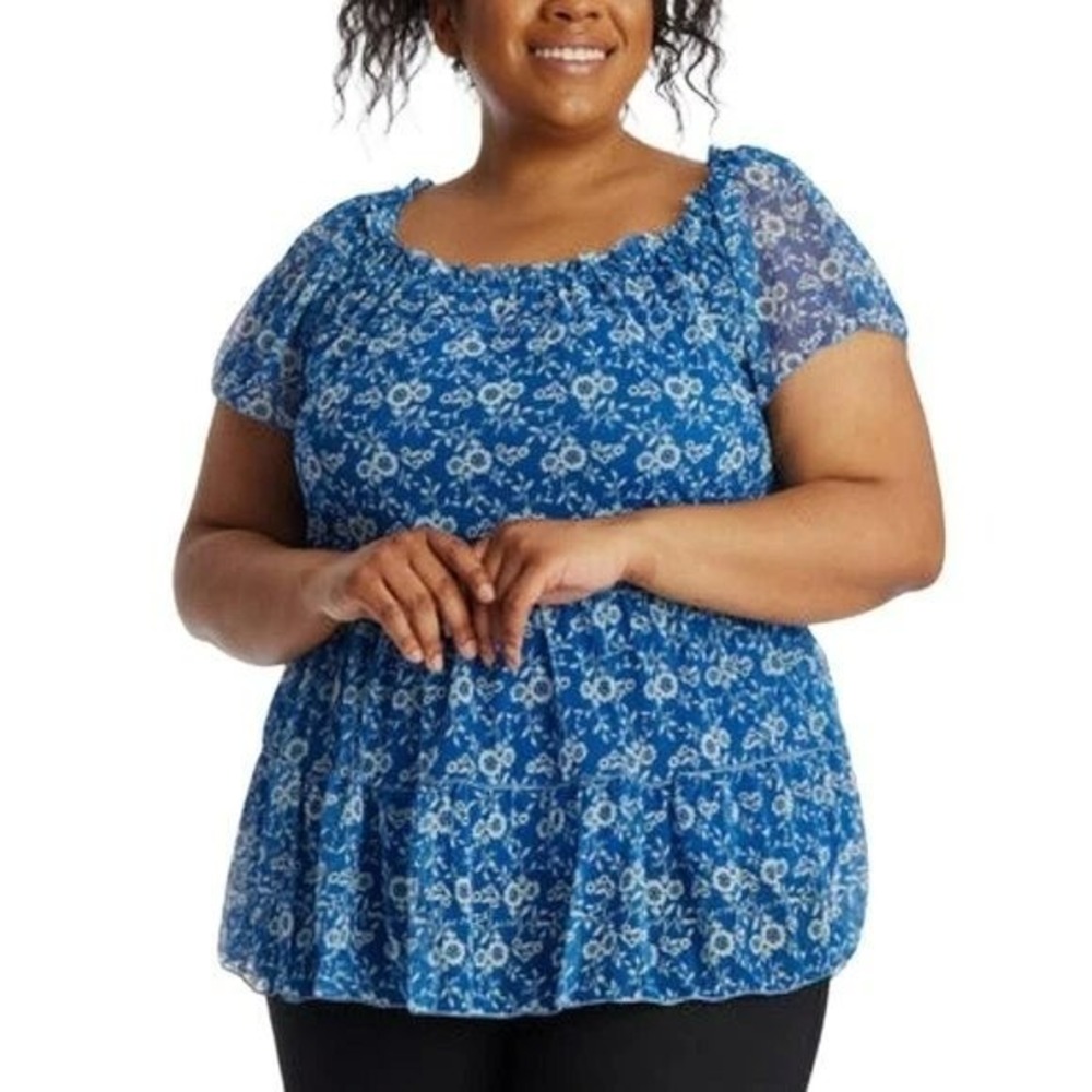 Max Studio Womens Blue Floral Tiered Mesh Babydoll Top Short Sleeve Plus 1X